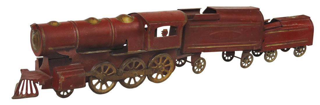 Toy Floor Train (3), pressed steel Hill Climber engine w/matching tender, VG+ orig paint & Little: Toy Floor Train (3), pressed steel Hill Climber engine w/matching tender, VG+ orig paint & Little Jim tender, Good+ cond, largest 26"L.