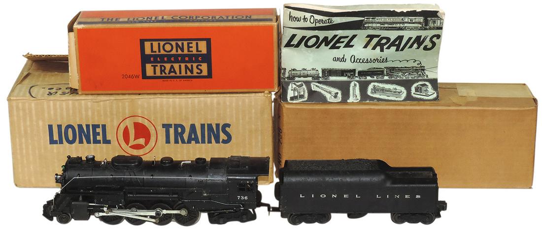 Toy Lionel 736 Engine & 2046W Tender in orig boxes, Exc untested cond, largest 14"L.: Toy Lionel 736 Engine & 2046W Tender in orig boxes, Exc untested cond, largest 14"L.