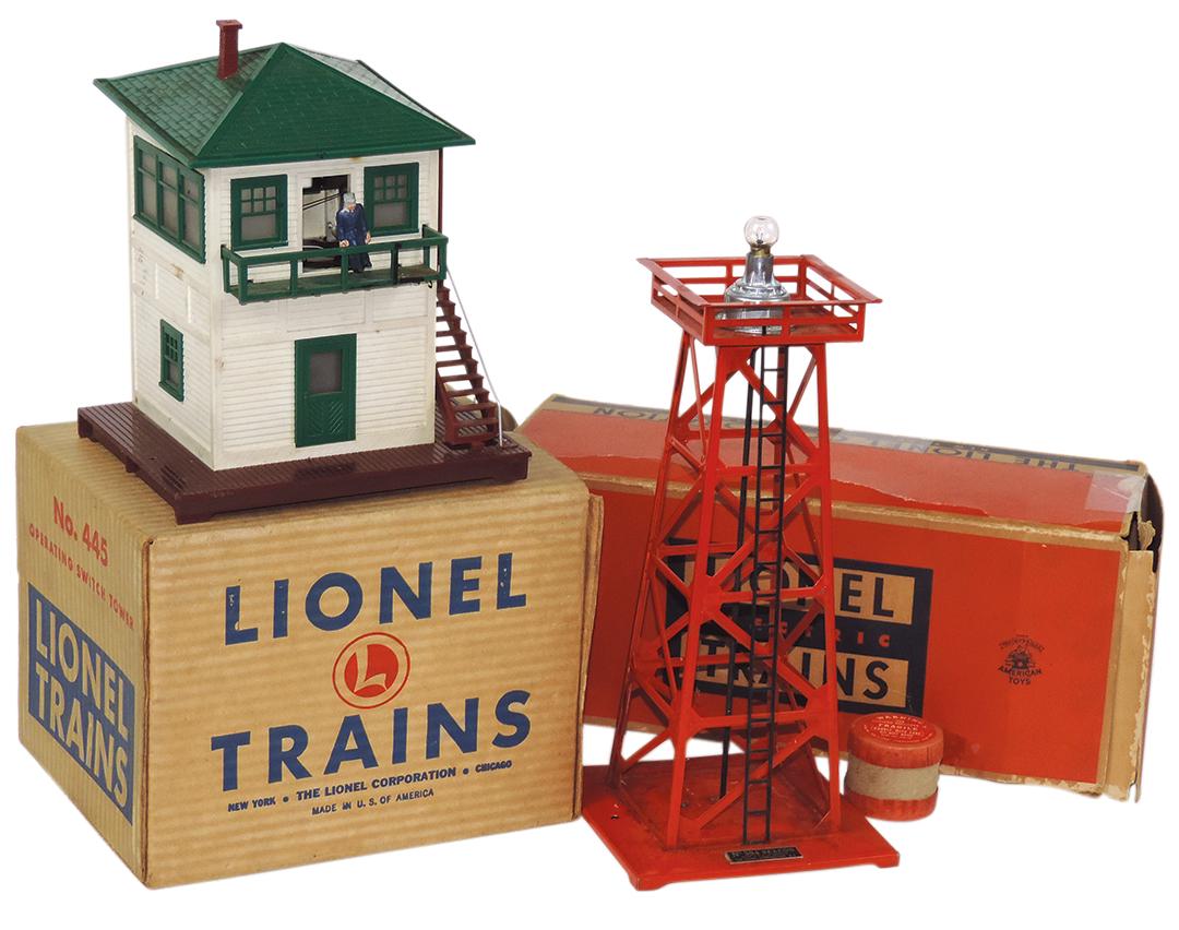 Toy Lionel Buildings (2), Rotating Beacon No. 394 & Switch Tower No. 445 in orig boxes, Exc cond,: Toy Lionel Buildings (2), Rotating Beacon No. 394 & Switch Tower No. 445 in orig boxes, Exc cond, larger 13"H.