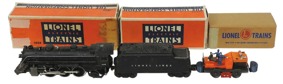 Toy Lionel Engine & Cars (3), 1666 Locomotive & 2466WX Tender plus No. 50 Gang car, VG+ untested: Toy Lionel Engine & Cars (3), 1666 Locomotive & 2466WX Tender plus No. 50 Gang car, VG+ untested cond in orig boxes, largest 12"L.