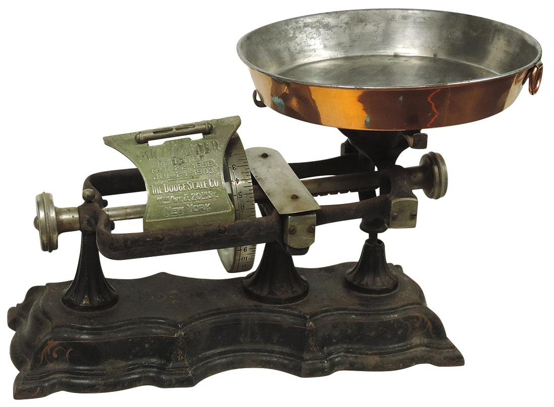 Country Store Counter Scale, The Micrometer, cast iron & nickel-plated brass, mfgd by The Dodge: Country Store Counter Scale, The Micrometer, cast iron & nickel-plated brass, mfgd by The Dodge Scale Co., pat. 1903, Good+ cond w/replaced pan, 20"L.