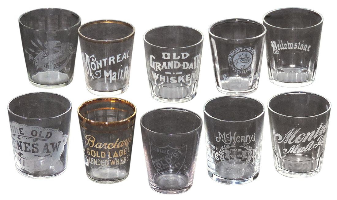 Advertising Shot Glasses (10), Pre-Prohibition, etched glass w/o locations, incl Barclay's, Fencing: Advertising Shot Glasses (10), Pre-Prohibition, etched glass w/o locations, incl Barclay's, Fencing Club, McHenry's, Yellowstone, Old 91, 2 Montreal Malt, Old Kenesaw & others, Exc cond, largest 2.5"H