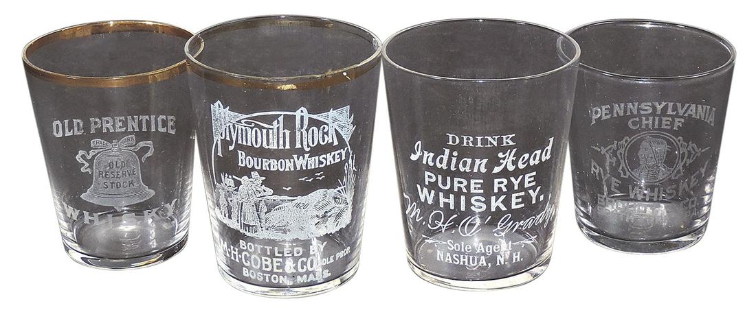 Advertising Shot Glasses (4), Pre-Prohibition, all w/unique etchings, Pennsylvania Chief w/Indian: Advertising Shot Glasses (4), Pre-Prohibition, all w/unique etchings, Pennsylvania Chief w/Indian portrait, Indian Head Whiskey (Nashua, NH), Plymouth Rock Whiskey w/pilgrims (Boston, MA, minor flakes
