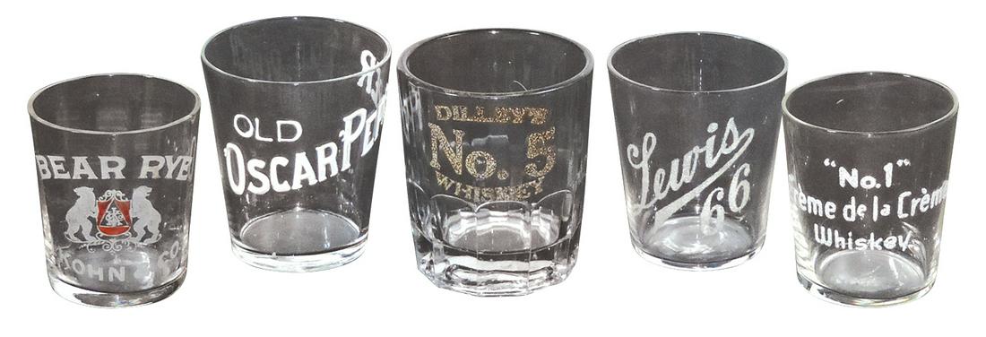 Advertising Shot Glasses (5), Pre-Prohibition, all w/enameling, Dilley's No. 5, Bear Rye, Lewis 66,: Advertising Shot Glasses (5), Pre-Prohibition, all w/enameling, Dilley's No. 5, Bear Rye, Lewis 66, No. 1 Creme de la Creme & Old Oscar Pepper, Exc cond, largest 2.5"H.