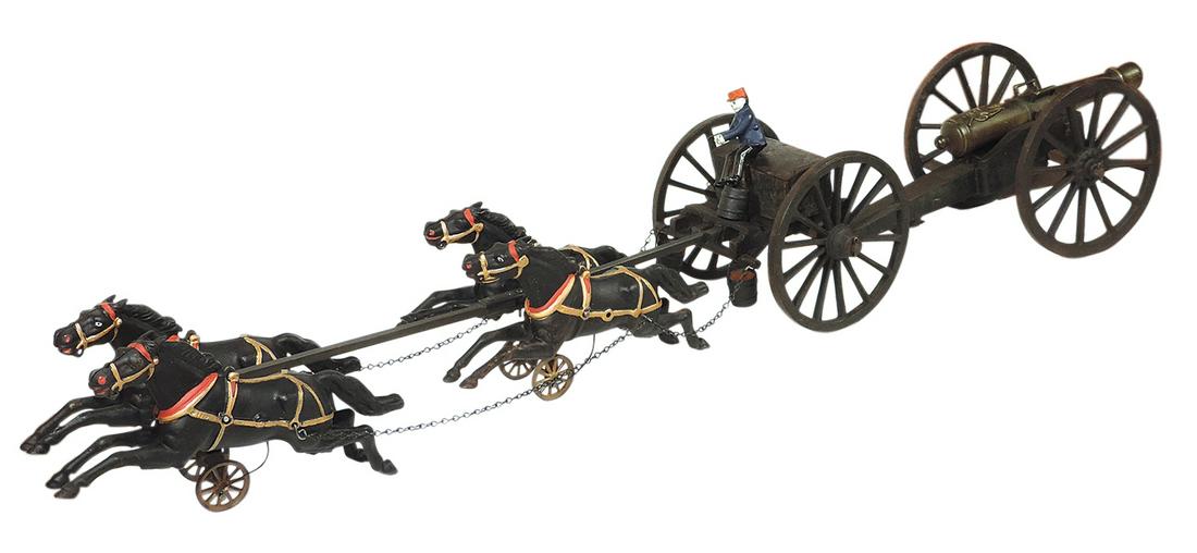 Toy Artillery, oversized caisson & cannon, believed to have been made by Kenton, c.1880s, 1 of 2: Toy Artillery, oversized caisson & cannon, believed to have been made by Kenton, c.1880s, 1 of 2 known to exist, cast iron, wood artillery box w/hinged metal lid & side handles for lifting & for seat