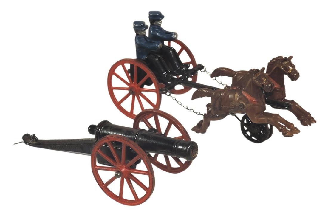 Toy Artillery (2), 2-horse caisson (likely Dent) w/2 drivers (possibly sitting on ammunition box) &: Toy Artillery (2), 2-horse caisson (likely Dent) w/2 drivers (possibly sitting on ammunition box) & cannon pulled behind, tongue shows pat'd Feb 22, 1883, Canada (indist), Exc cond missing reins & cor