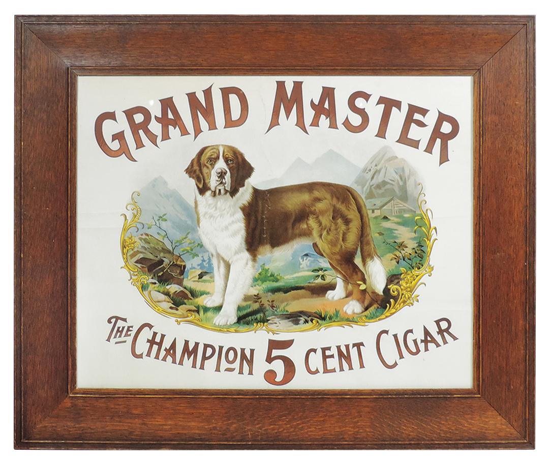 Cigar Advertising Sign, Grand Master-The Champion 5 Cent Cigar, striking litho on paper of a: Cigar Advertising Sign, Grand Master-The Champion 5 Cent Cigar, striking litho on paper of a champion St. Bernard in period oak frame, c.1910, VG cond w/evidence of fold lines, 28.5"H x 33"W.
