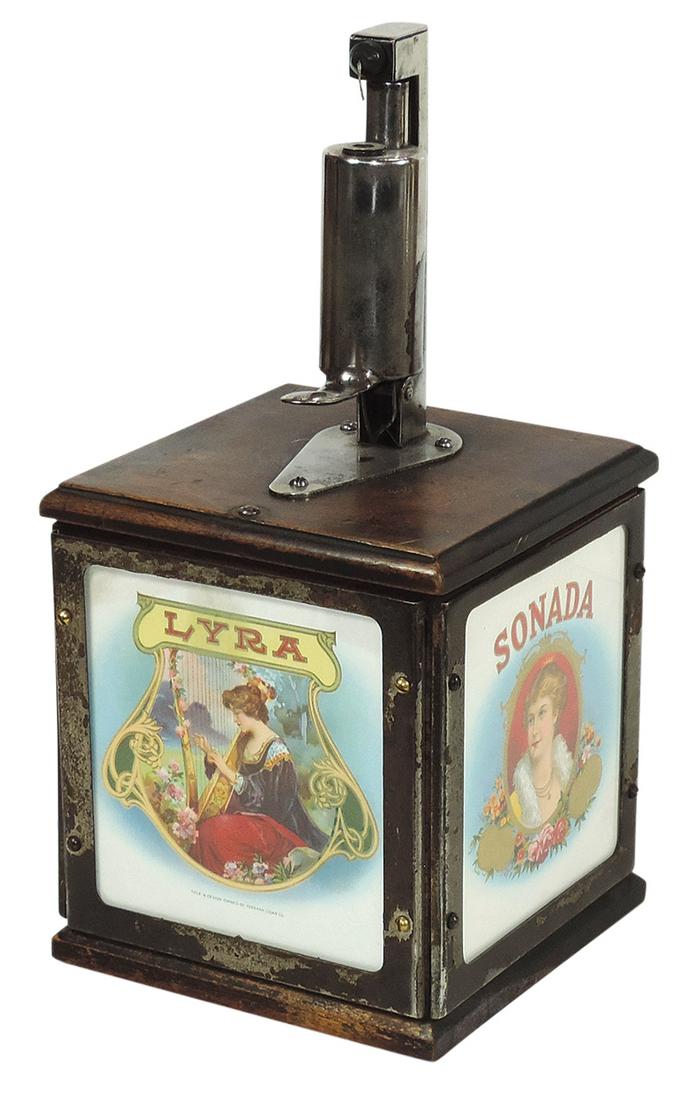 Cigar Lighter, Midland Jump Spark, Scarce Model L w/advertising panels on 3 sides, orig metal mfgr's: Cigar Lighter, Midland Jump Spark, Scarce Model L w/advertising panels on 3 sides, orig metal mfgr's tag on back reads mfgd by The Davenport Mfg. Co.-Davenport, IA, c.1920, orig surface oak case w/nic