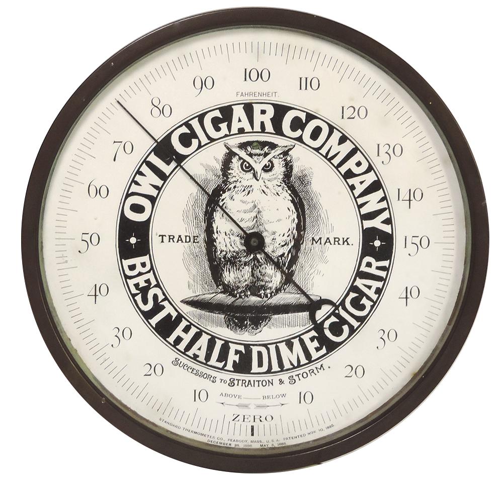 Cigar Store Advertising Thermometer, Owl Cigar Company, Rare, Best Half Dime Cigar w/Owl Trademark: Cigar Store Advertising Thermometer, Owl Cigar Company, Rare, Best Half Dime Cigar w/Owl Trademark by Standard Thermometer Co., pat. 1888 w/paper litho dial in brass bezel, Exc working cond, 9.25"Dia.