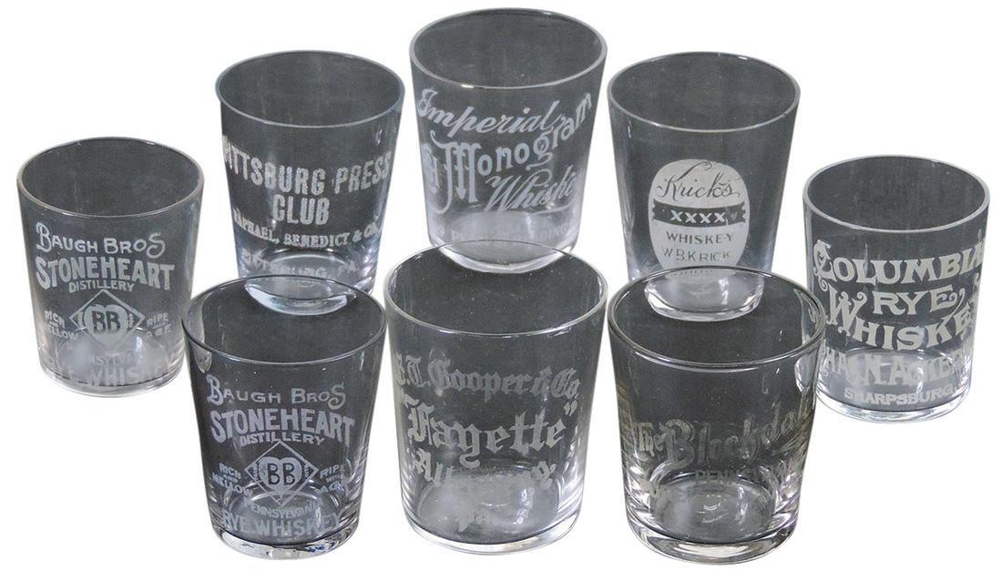 Advertising Shot Glasses (8), Pre-Prohibition, etched glass, all Pennsylvania: incl Columbian Rye,: Advertising Shot Glasses (8), Pre-Prohibition, etched glass, all Pennsylvania: incl Columbian Rye, Pittsburg Press Club, The Blockdale, 2 Stoneheart, Kricks, Imperial Monogram & Cooper Fayette, Exc co