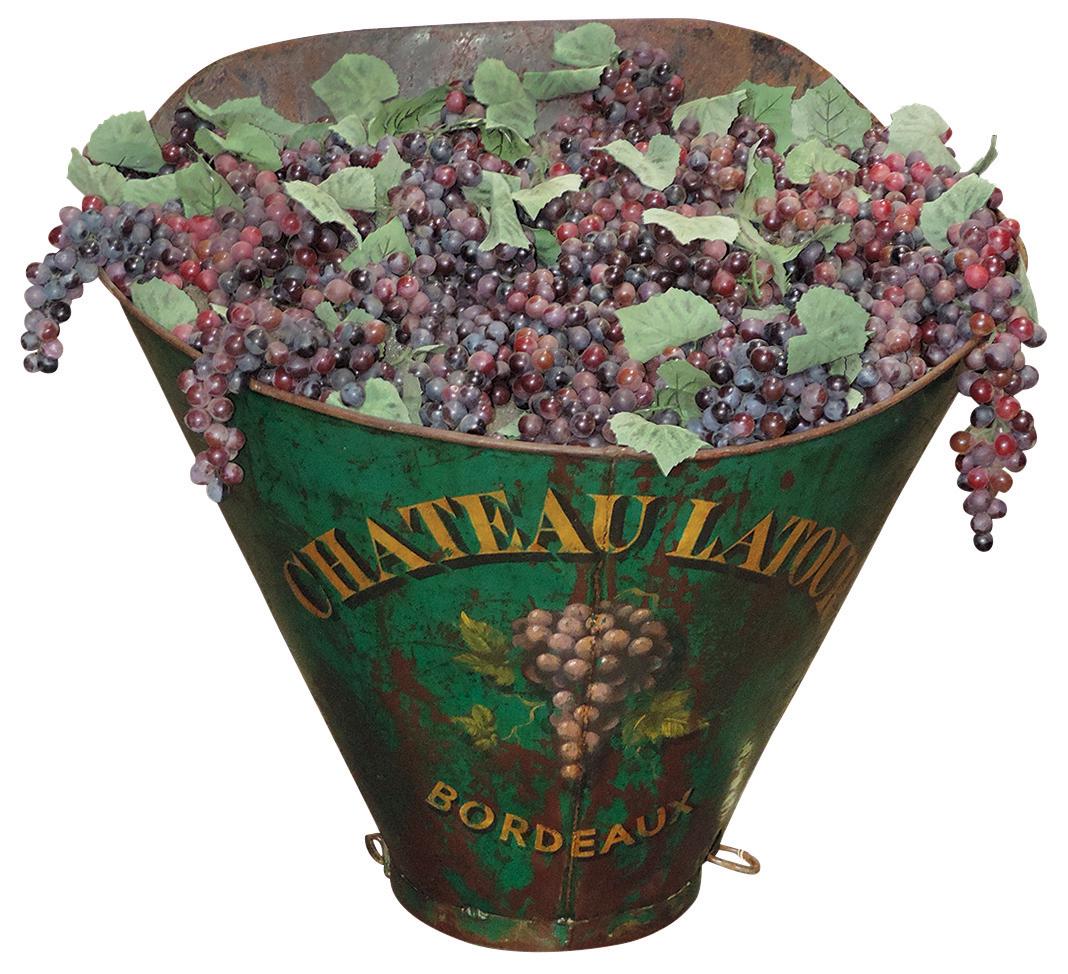 Distillery, French Grape Harvest Basket, "Chateau Latour" painted tin w/marquee & grape cluster from: Distillery, French Grape Harvest Basket, "Chateau Latour" painted tin w/marquee & grape cluster from the renowned vineyard, includes leather shoulder harness & faux grapes, Good/VG cond, 28"H x 33"W x
