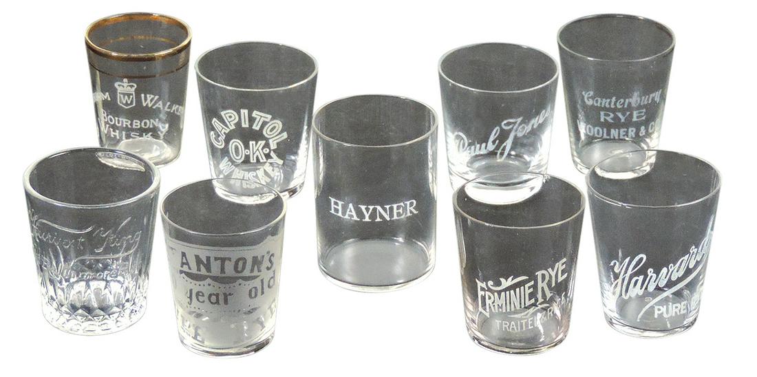 Advertising Shot Glasses (9), Pre-Prohibition, etched glass w/o locations, incl Ermine Rye,: Advertising Shot Glasses (9), Pre-Prohibition, etched glass w/o locations, incl Ermine Rye, Canterbury Rye, Paul Jones, Capitol, Hiram Walker, Hayner, Stanton & Harvard, Exc cond, largest 2.25"H.
