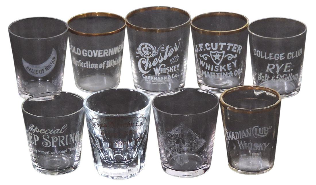 Advertising Shot Glasses (9), Pre-Prohibition, etched glass w/o locations, incl The Old Government,: Advertising Shot Glasses (9), Pre-Prohibition, etched glass w/o locations, incl The Old Government, Deep Spring, Chester, J.F. Cutter, College Club, Canadian Club, Belle of Nelson & others, Exc cond, 