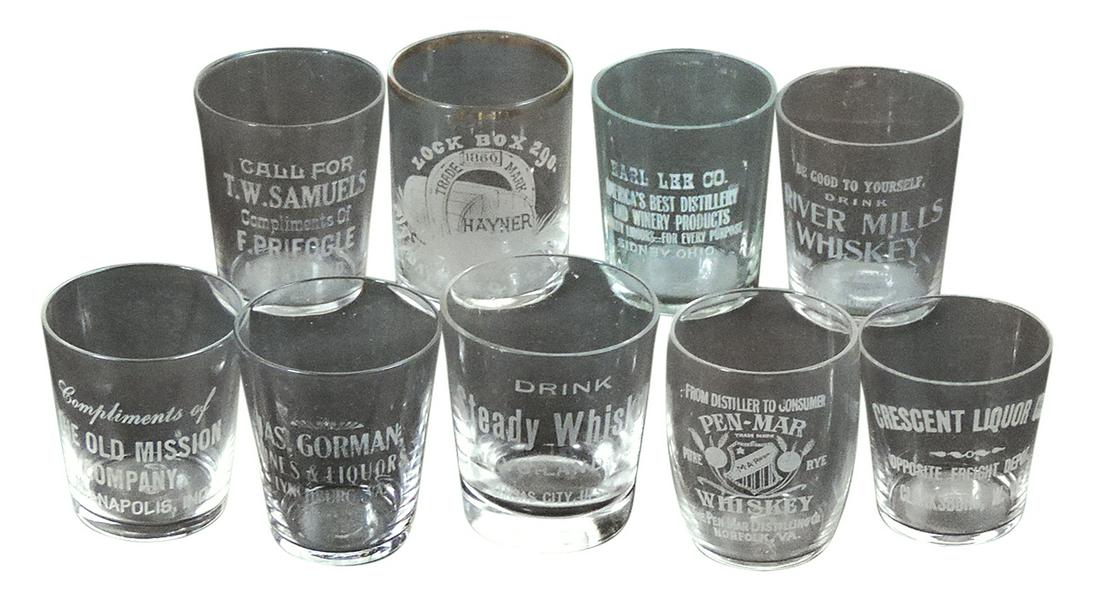 Advertising Shot Glasses (9), Pre-Prohibition, etched glass, 2 Ohio: Hayner & Karl Lee, 2 Virginia:: Advertising Shot Glasses (9), Pre-Prohibition, etched glass, 2 Ohio: Hayner & Karl Lee, 2 Virginia: Gorman & Pen-Mar, 2 Indiana: Samuels & The Old Mission, 2 W. Virginia: River Mills & Crescent plus S