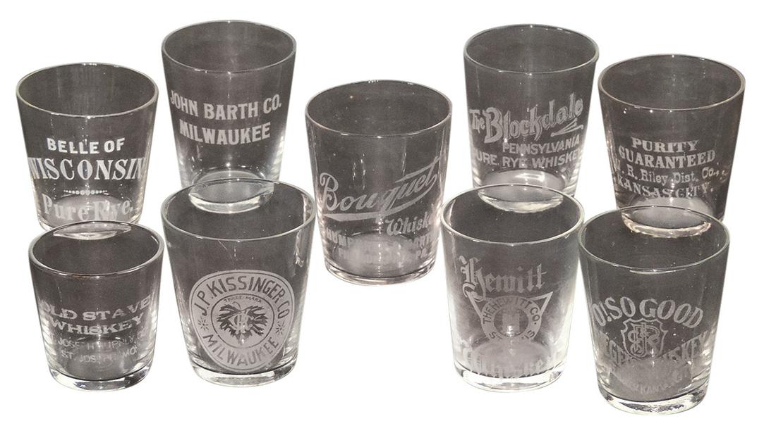 Advertising Shot Glasses (9), Pre-Prohibition, etched glass, 4 Missouri: incl O! So Good, Hewitt, &: Advertising Shot Glasses (9), Pre-Prohibition, etched glass, 4 Missouri: incl O! So Good, Hewitt, & Old Stave, Kissinger, John Barth & Belle of Wisconsin (WI), plus Blockade & Bouquet (PA), Exc cond, 