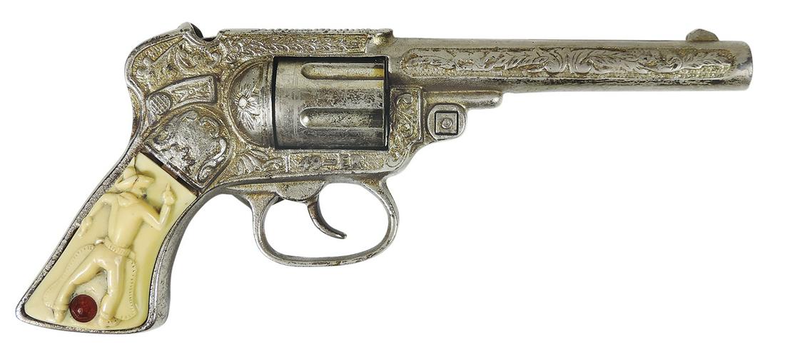 Toy Cap Gun, 49er, cast iron w/working cylinder, molded & jeweled grips, mfgd by Stevens, c.1940,: Toy Cap Gun, 49er, cast iron w/working cylinder, molded & jeweled grips, mfgd by Stevens, c.1940, VG+ working cond w/small chip to one grip, 9.75"L.