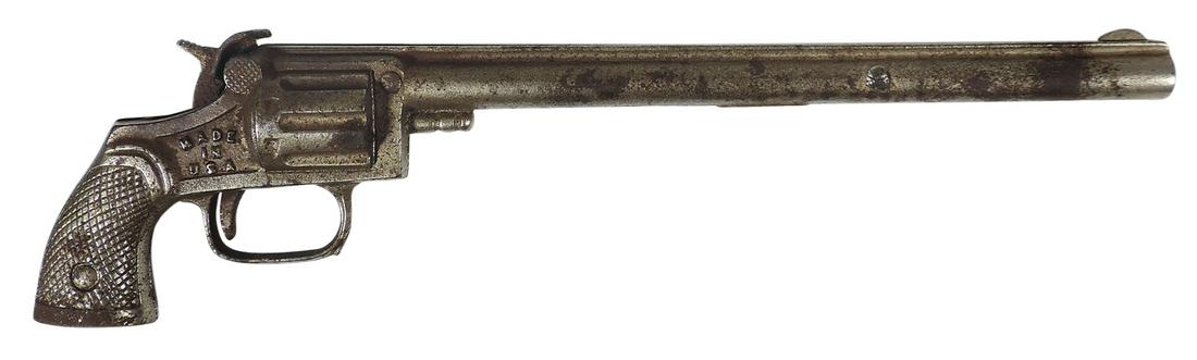 Toy Cap Gun, Cowboy, cast iron, mfgd by Stevens, c.1930, VG cond w/80% orig finish, 12"L.: Toy Cap Gun, Cowboy, cast iron, mfgd by Stevens, c.1930, VG cond w/80% orig finish, 12"L.
