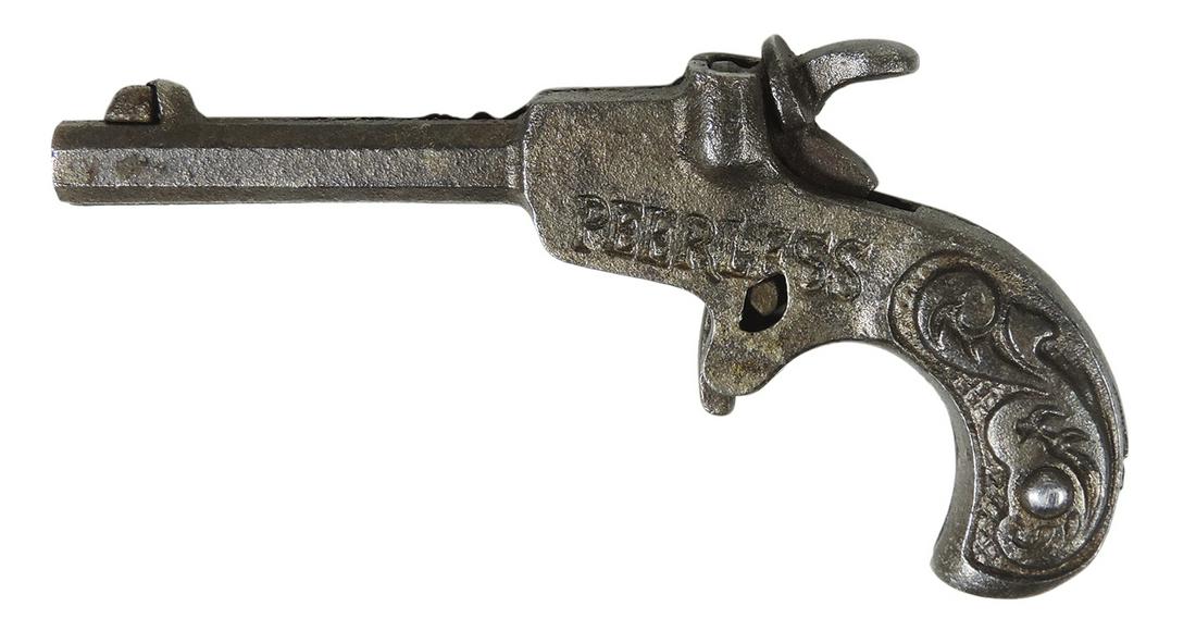Toy Cap Gun, Peerless, cast iron miniature, c.1905, VG working cond, 4"L.: Toy Cap Gun, Peerless, cast iron miniature, c.1905, VG working cond, 4"L.