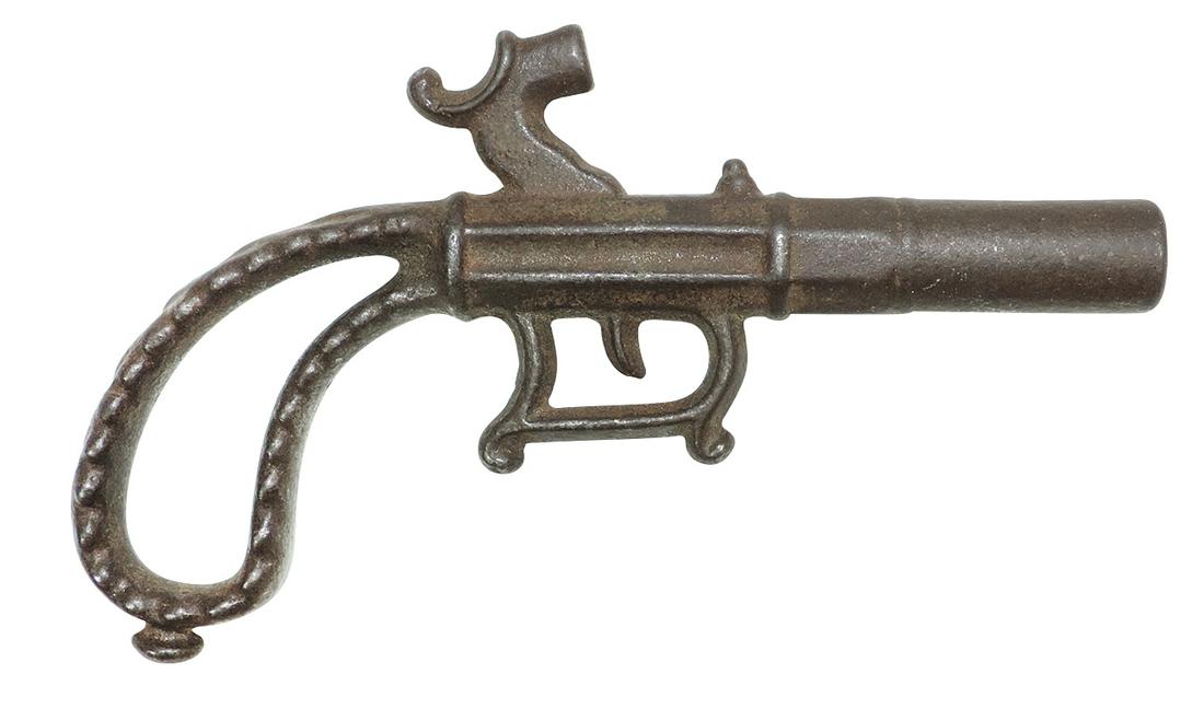 Toy Gun, Rare Firecracker, mfgd by Stevens in 1872 w/no moving parts, cast iron, simply insert: Toy Gun, Rare Firecracker, mfgd by Stevens in 1872 w/no moving parts, cast iron, simply insert small firecracker in barrel & light fuse, VG cond, 4.5"L.