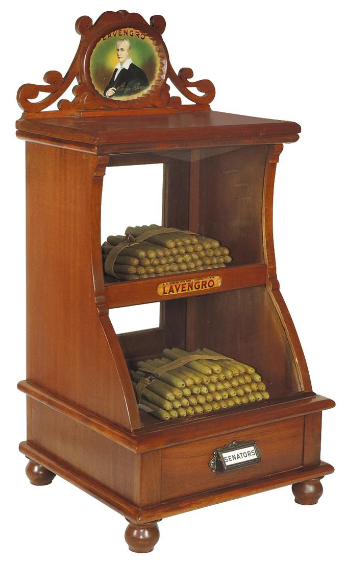 Cigar Display Case, Lavengro Senators, from A.C. Duberstein Dist.-Marinette, WIS, mahogany 2-shelf: Cigar Display Case, Lavengro Senators, from A.C. Duberstein Dist.-Marinette, WIS, mahogany 2-shelf counter case w/curved glass in bottom section, cutout marquee & bun feet, storage drawer w/cast iron 