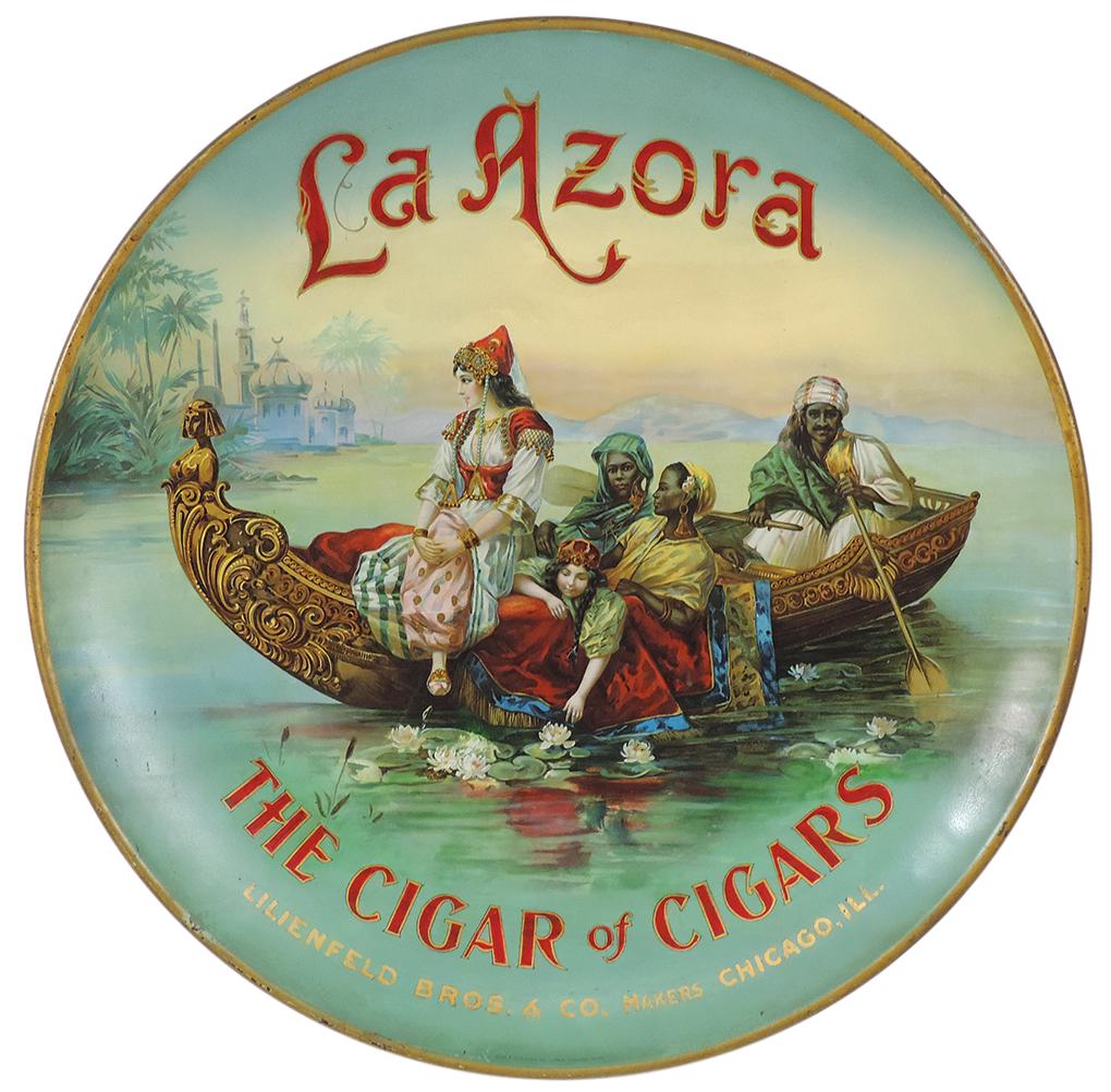 Cigar Store Advertising Tray for "La Azora-The Cigar of Cigars", litho on concave tin roundel: Cigar Store Advertising Tray for "La Azora-The Cigar of Cigars", litho on concave tin roundel w/romantic Middle Eastern theme by Lilienfeld Bros.-Chicago, Exc cond noting some early touch-ups & prof r