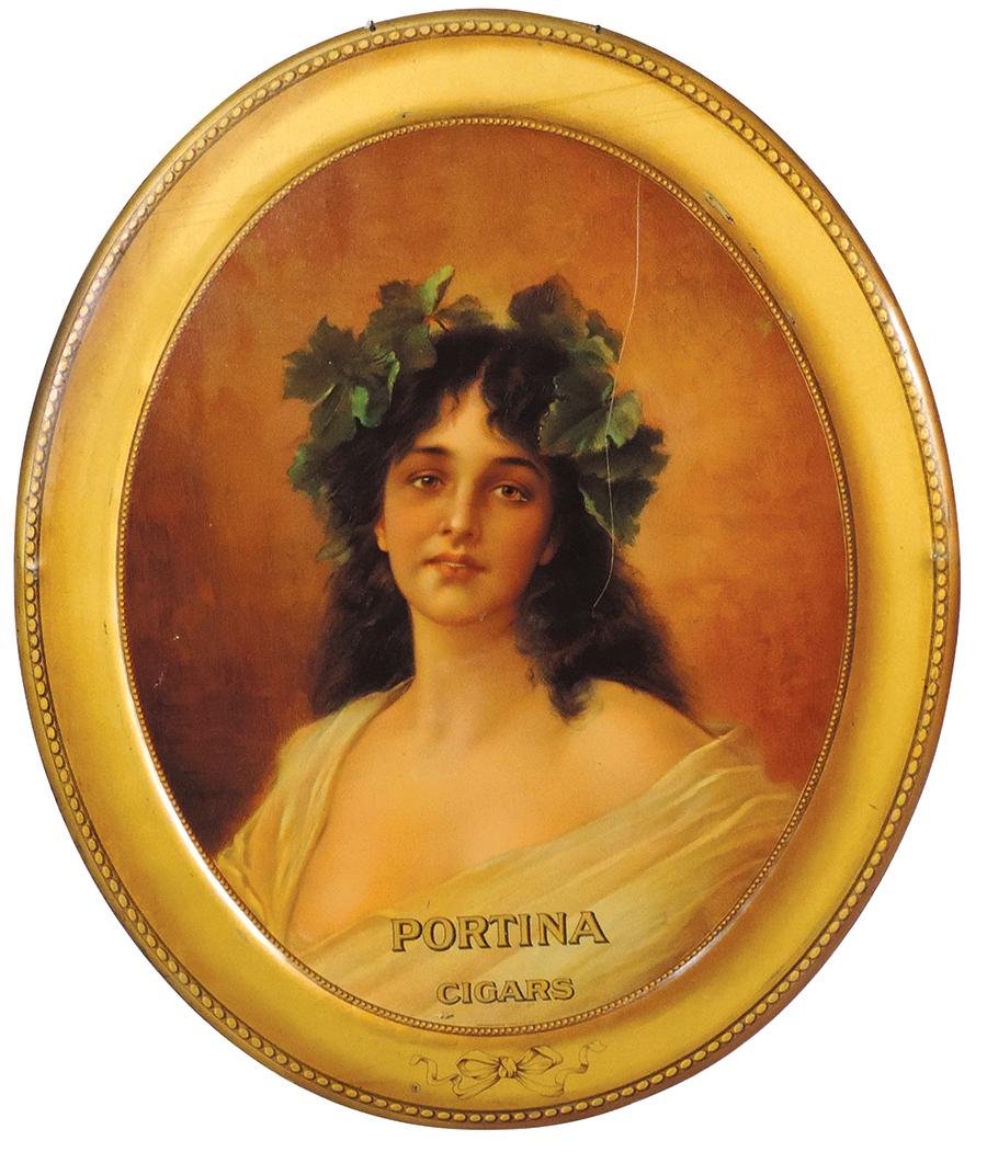Cigar Store Advertising Sign, Portina Cigars, self framed oval litho on tin of neoclassic beauty by: Cigar Store Advertising Sign, Portina Cigars, self framed oval litho on tin of neoclassic beauty by Haeusermann & Co., Near-Exc cond w/scratch far right in hair, some scattered nicks & rub marks, 17.2