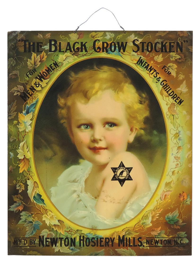 Clothing Store Advertising Sign, The Black Crow Stocken, mfgd by Newton Hosiery Mills-Newton, N.C.,: Clothing Store Advertising Sign, The Black Crow Stocken, mfgd by Newton Hosiery Mills-Newton, N.C., c.1890, Very Rare colorful litho on metal of blue-eyed blonde infant surrounded by a foliage border,