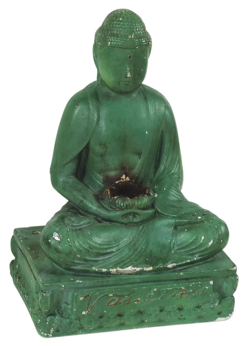 Store Display Buddha, Vantine's Incense, chalkware w/orig green paint, earlier 1900's, Scarce: Store Display Buddha, Vantine's Incense, chalkware w/orig green paint, earlier 1900's, Scarce advertising figure in VG cond w/average wear, 15"H x 11"W x 8"D.