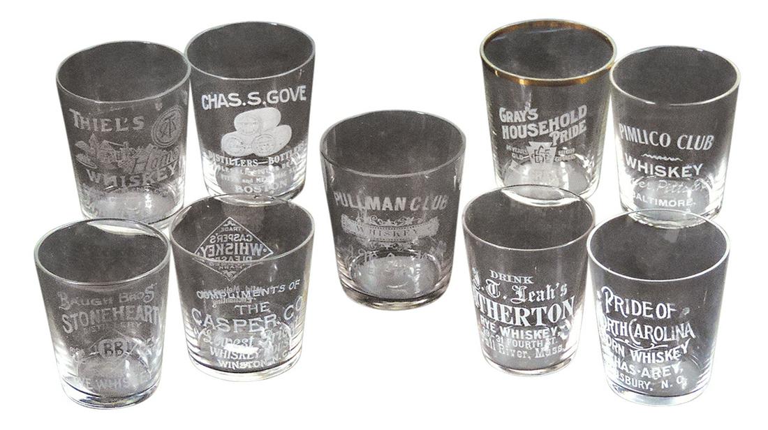 Advertising Shot Glasses (9), Pre-Prohibition, etched glass, 5 Massachusetts: Chas. S. Gove, Pullman: Advertising Shot Glasses (9), Pre-Prohibition, etched glass, 5 Massachusetts: Chas. S. Gove, Pullman Club, Thiel's, Gray's Household & Atherton, 2 North Carolina: Casper Co.(flakes) & Pride of North C