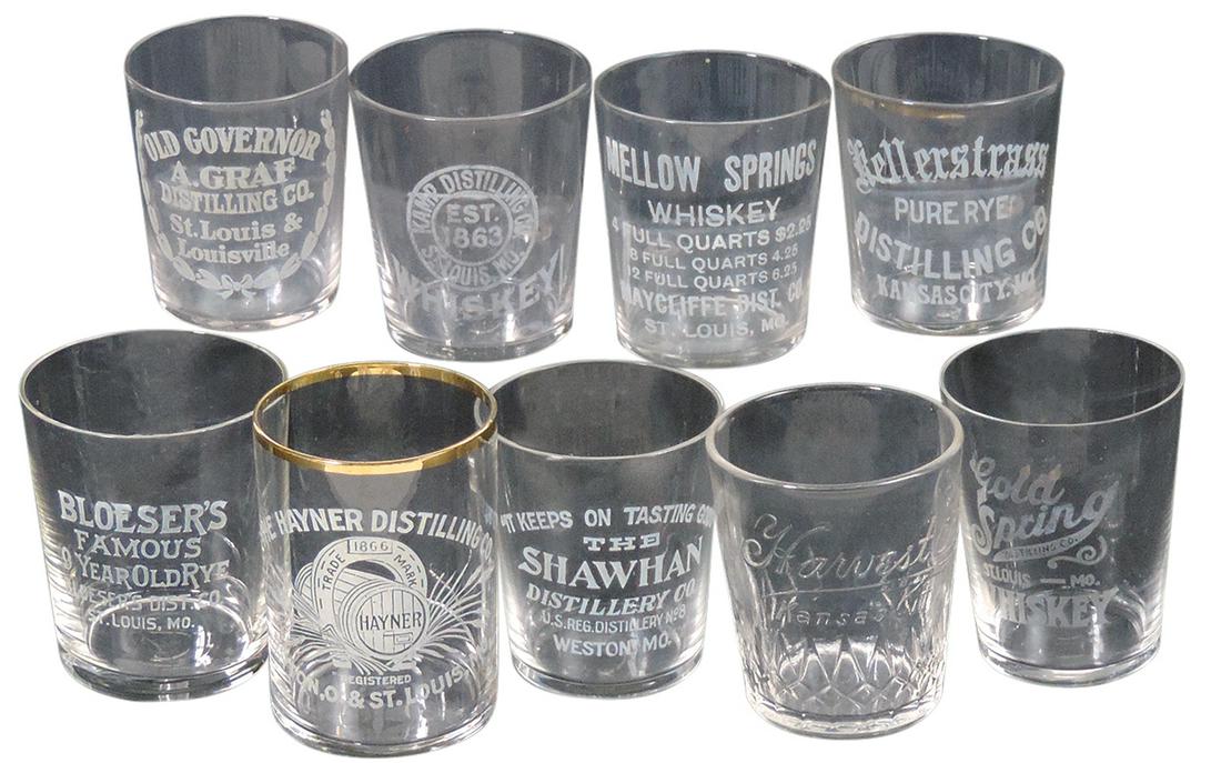 Advertising Shot Glasses (9), Pre-Prohibition, etched glass, all Missouri: incl Bloeser's, Kamp,: Advertising Shot Glasses (9), Pre-Prohibition, etched glass, all Missouri: incl Bloeser's, Kamp, Mellow Springs, Gold Spring, Shawhan, Hayner & others plus embossed Harvest King, Exc cond, largest 2.2