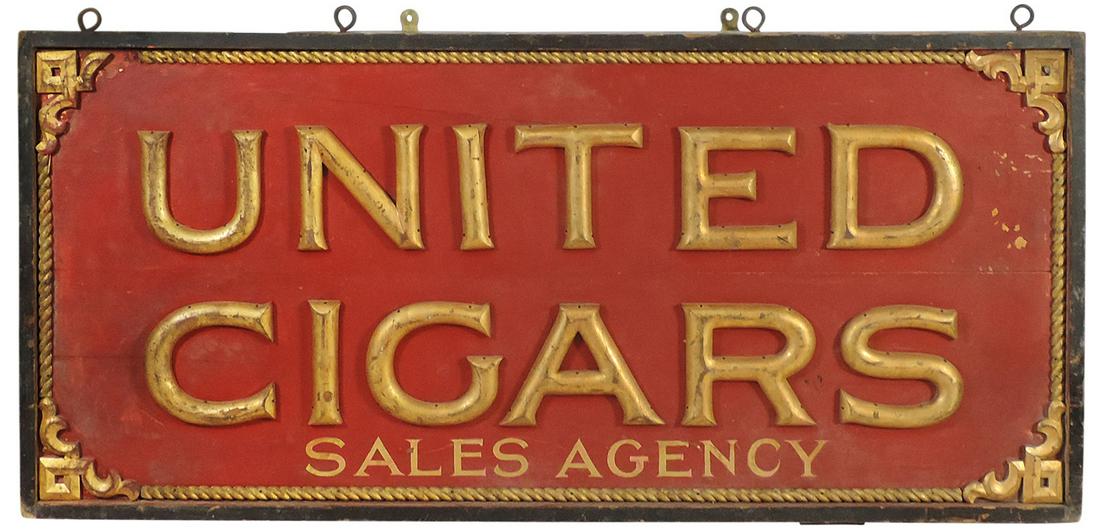 Cigar Store Outdoor Sign, United Cigars, carved & gilt wood on Chinese red ground, shadow box: Cigar Store Outdoor Sign, United Cigars, carved & gilt wood on Chinese red ground, shadow box framed panel outlined with carved & gilt twisted rope border & ornate corners surround the large raised gi