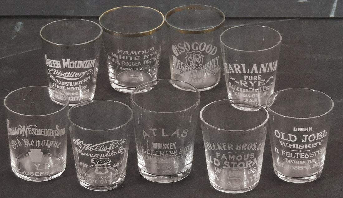 Advertising Shot Glasses (9), Pre-Prohibition, etched glass, mostly Kansas City: incl Earlanna,: Advertising Shot Glasses (9), Pre-Prohibition, etched glass, mostly Kansas City: incl Earlanna, Famous Old Storage, Old Joel, Green Mountain, O! So Good & others, plus a Milwaukee Atlas, Exc cond, lar
