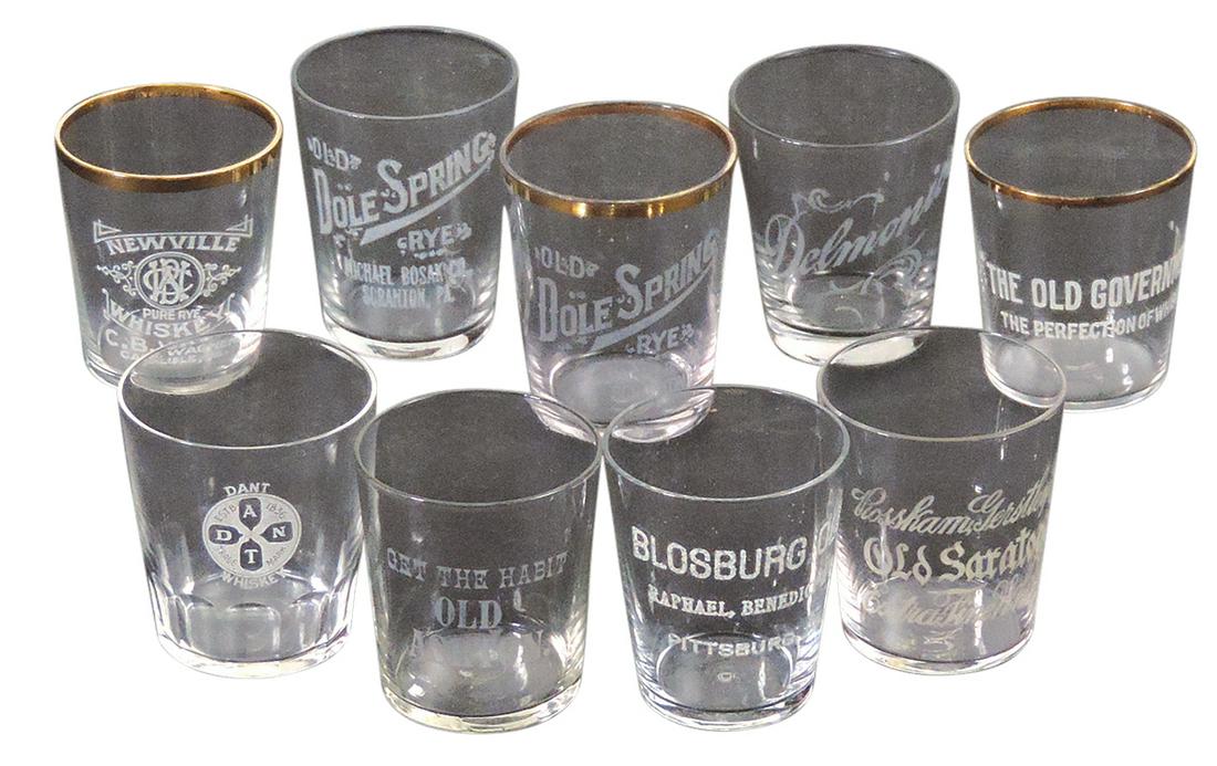 Advertising Shot Glasses (9), Pre-Prohibition, etched glass, mostly Pennsylvania: incl Blosburg, 2: Advertising Shot Glasses (9), Pre-Prohibition, etched glass, mostly Pennsylvania: incl Blosburg, 2 Dole Spring, Old Saratoga, The Old Government & others, Exc cond, largest 2.5"H.