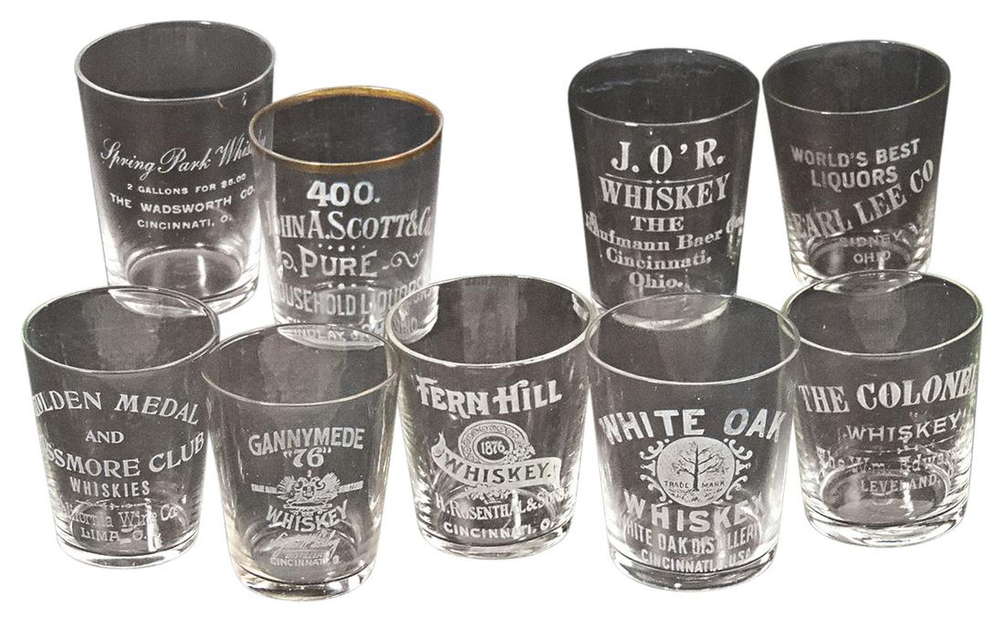 Advertising Shot Glasses (9),Pre-Prohibition, etched glass, all Ohio: incl J. O'R, John A Scott,: Advertising Shot Glasses (9),Pre-Prohibition, etched glass, all Ohio: incl J. O'R, John A Scott, Golden Medal, Ganymede, The Colonel, White Oak, Fern Hill & others, Exc cond, largest 2.5"H.