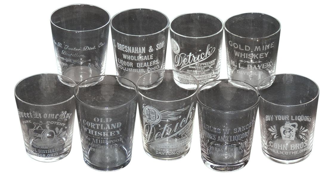 Advertising Shot Glasses (9), Pre-Prohibition, etched glass, all Ohio: Sweet Home Rye, Detrich, Cohn: Advertising Shot Glasses (9), Pre-Prohibition, etched glass, all Ohio: Sweet Home Rye, Detrich, Cohn Bros. Old Cortland, Gold Mine & others, most Exc cond, a couple w/flakes, largest 2.5"H.