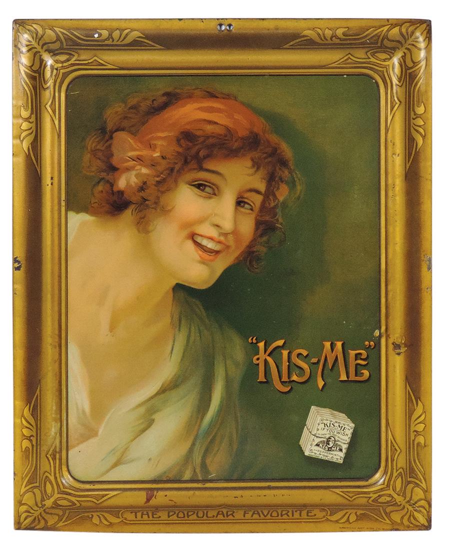 Chewing Gum Advertising Sign, "Kis-Me", The Popular Favorite, Scarce self-framed litho on tin by: Chewing Gum Advertising Sign, "Kis-Me", The Popular Favorite, Scarce self-framed litho on tin by American Art Sign Co.-Brooklyn, NY, image of a pretty redhead & pkg of "Kis-Me" Peppermint gum, c.1910,