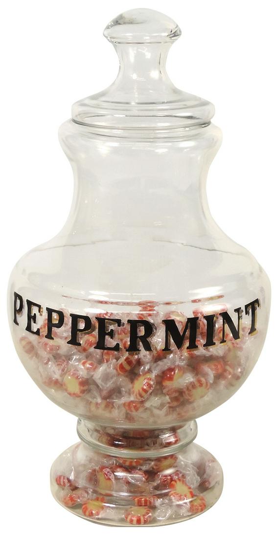 Candy Store Peppermint Show Jar, blown glass w/enameled title in black on gold, Exc cond, 18.5"H.: Candy Store Peppermint Show Jar, blown glass w/enameled title in black on gold, Exc cond, 18.5"H.