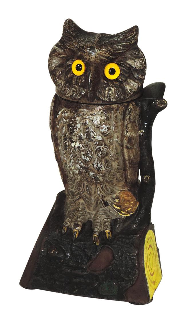 Mechanical Bank, Owl Turning Head, J. & E. Stevens Co.-Cromwell, CT, pat date Feb 2, 1875,: Mechanical Bank, Owl Turning Head, J. & E. Stevens Co.-Cromwell, CT, pat date Feb 2, 1875, cast iron, Exc working cond, 7"H.