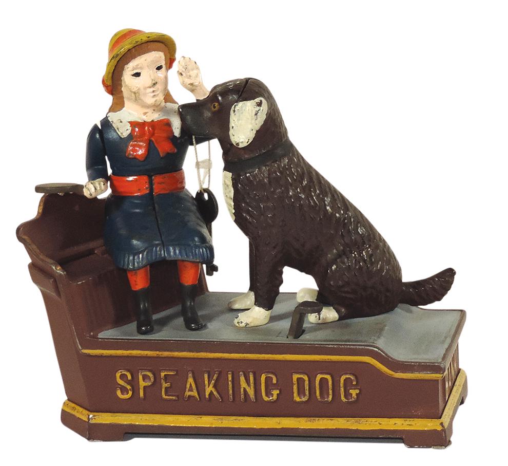 Mechanical Bank, Speaking Dog, Shepard Hardware Co., pat. July 14, 1885 & Oct 20, 1885, cast: Mechanical Bank, Speaking Dog, Shepard Hardware Co., pat. July 14, 1885 & Oct 20, 1885, cast iron, VG working cond w/areas of repaint, 7.5"H x 7.5"L x 3"D.