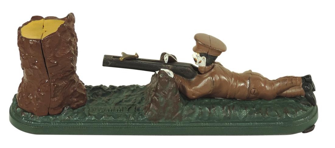 Mechanical Bank, Tommy!, John Harper-Willenhall, England, No. 642816, c.1914, Rare, cast iron, no: Mechanical Bank, Tommy!, John Harper-Willenhall, England, No. 642816, c.1914, Rare, cast iron, no trap, o/wise VG cond w/areas of repaint, 5"H x 12"L x 3"W.