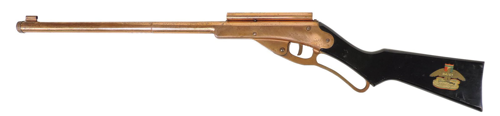 Air Rifle, Daisy "Golden Eagle" Model 50, copper-plated 50th Anniversary w/black stock & eagle: Air Rifle, Daisy "Golden Eagle" Model 50, copper-plated 50th Anniversary w/black stock & eagle decal, VG+ working cond, 36"L.