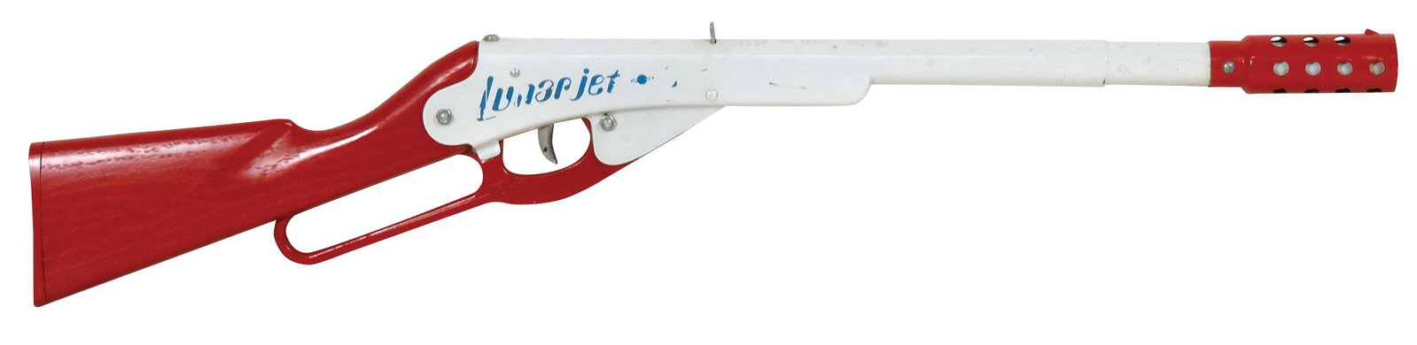 Air Rifle, Daisy Model 1011 "Lunar Jet" Pop Gun, white w/red plastic stock & muzzle suppressor, Exc+: Air Rifle, Daisy Model 1011 "Lunar Jet" Pop Gun, white w/red plastic stock & muzzle suppressor, Exc+ working cond w/some wear to lettering, 28"L.