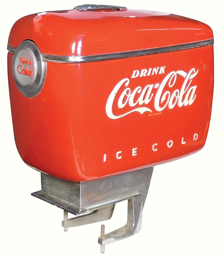 Coca-Cola Fountain Dispenser, embossed pressed steel, mfgd by Dole Valve Co., # L-53494, VG cond: Coca-Cola Fountain Dispenser, embossed pressed steel, mfgd by Dole Valve Co., # L-53494, VG cond w/usage, dings & oxidized base, 20"H x 9"W x 21"D.