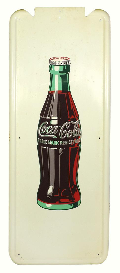 Coca-Cola Bottle Sign, self-framed tin w/button mounting tab, marked AM 1-47, Exc NOS cond noting: Coca-Cola Bottle Sign, self-framed tin w/button mounting tab, marked AM 1-47, Exc NOS cond noting storage marks & scattered oxidation stains, 40"H x 16"W.