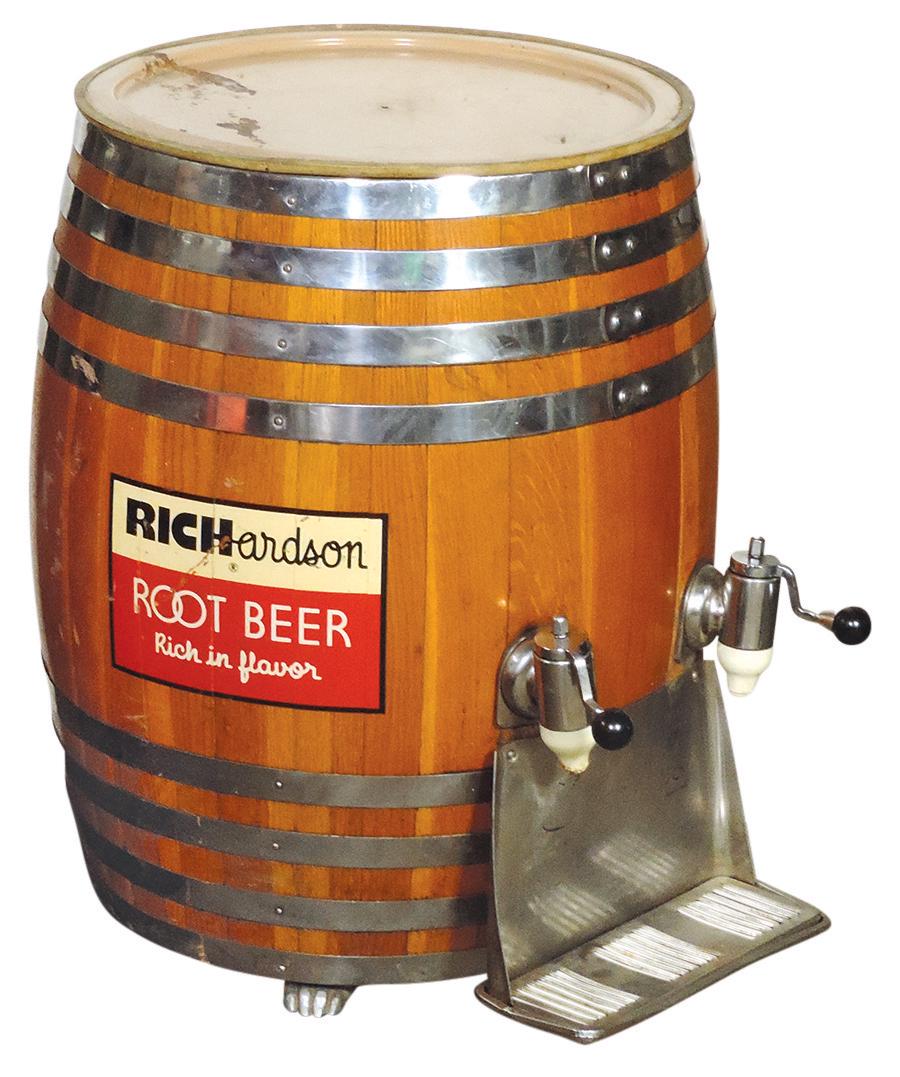 Soda Fountain Richardson Root Beer Barrel Dispenser, oak w/nickel banded slats, 2 fountain spigots &: Soda Fountain Richardson Root Beer Barrel Dispenser, oak w/nickel banded slats, 2 fountain spigots & large decals on 3 sides, VG+ cond w/interior complete, 2 claw feet absent, 30"H x 25"Dia.