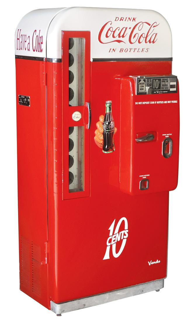 Coca-Cola Coin-Operated Vending Machine, Vendo 81D, 10 Cent, embossed, white over red, vends 81: Coca-Cola Coin-Operated Vending Machine, Vendo 81D, 10 Cent, embossed, white over red, vends 81 bottles up to 9 different brands, mid 1950's, one of the most sought after Coke machines, accurately & i