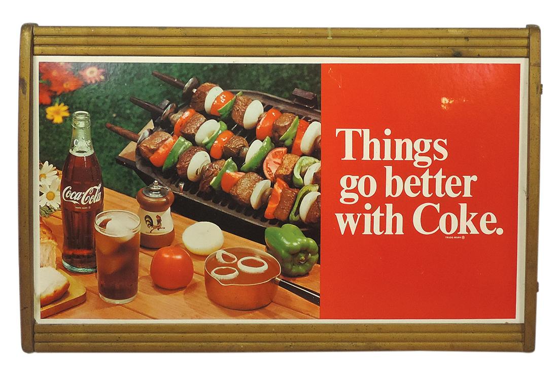 Coca-Cola Kay Display Framed Advertising Sign/Paper Bag Rack, gold painted wood w/wire rack on verso: Coca-Cola Kay Display Framed Advertising Sign/Paper Bag Rack, gold painted wood w/wire rack on verso & later cdbd sign, Good+ cond w/age related wear, 24"H x 37"W.