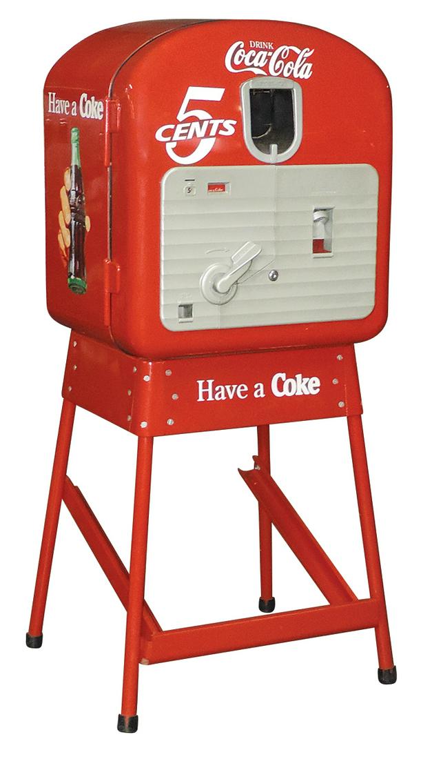 Coca-Cola Coin-Operated Vending Machine, Vendorlator 27, pressed steel "Mailbox" on later stand,: Coca-Cola Coin-Operated Vending Machine, Vendorlator 27, pressed steel "Mailbox" on later stand, vends 27 bottles, c.1948-1951, Exc older restoration, working cond, w/key, 57"H x 24"W x 20"D.