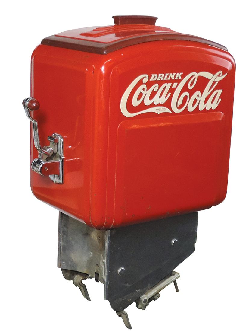 Coca-Cola Dole Jr Countertop Dispenser, pressed steel w/embossed logo on side panels, c.1940s, VG: Coca-Cola Dole Jr Countertop Dispenser, pressed steel w/embossed logo on side panels, c.1940s, VG cond overall w/wear & use, 23"H x 11"W.