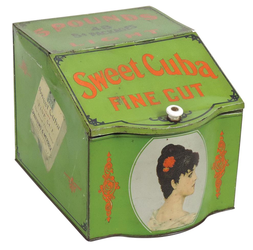 Tobacciana Sweet Cuba Display Bin, litho on tin w/hinged slant top above portrait, VG cond w/few: Tobacciana Sweet Cuba Display Bin, litho on tin w/hinged slant top above portrait, VG cond w/few dings, 8"H x 8.5"W x 11"D.